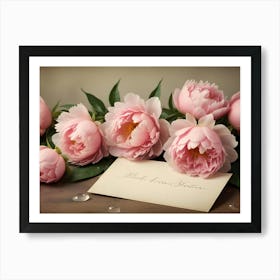 A Vintage Style Image Of Pink Peonies With A Handwritten Note On A Wooden Table Art Print