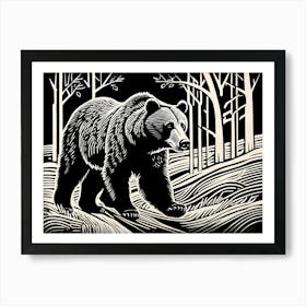 Playful Bear Captured In The Style Of A Linocut, black and white art, animal art, 165 Art Print