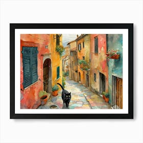 Black Cat In Sassari, Italy, Street Art Watercolour Painting 2 Art Print