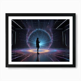 A Woman In Silhouette Interacts With A Glowing Orb Of Energy And Data Within A Dark, Futuristic Chamber Art Print