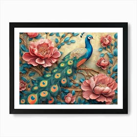 Leather Base Combines Bright Color Floral With Exotic Oriental Pattern Flowers And Peacocks Art Print