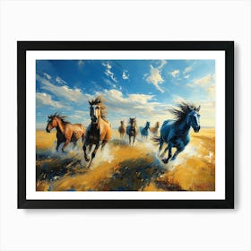 Wild Horses Gallop Across The Golden Prairie Art Print