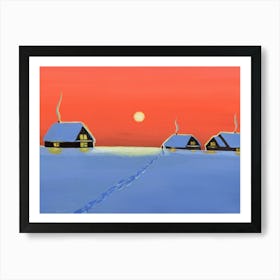 Sunset over the winter village Art Print