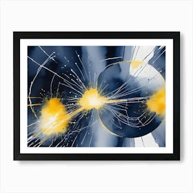 Abstract Image Of A Dark Blue Background With A White Circle, With Yellow Splashes And White Lines Radiating Outwards, Resembling A Star Explosion Or A Burst Of Energy Art Print