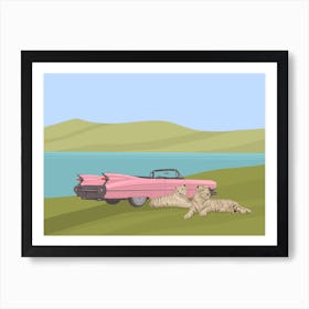 Tigers And Car, tigers, classic car, Cadillac, animals, landscape, illustration, wall art Art Print