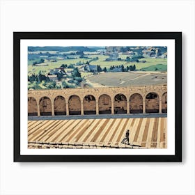 The Cloister and Countryside of Assisi. A serene view of the stone arches of Assisi's cloister, leading the eye to the verdant Umbrian countryside in the background. The combination of medieval architecture and rolling green hills evokes a sense of timeless beauty and tranquility. 1 Art Print