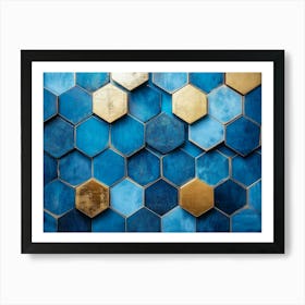 Geometric Hexagon Abstraction On Blue Background With Gold Accents Art Print