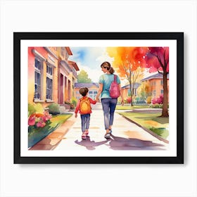 Watercolor Of A Mother And Son Walking Art Print