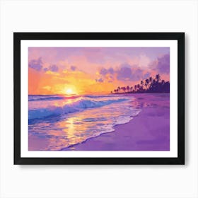 The Beach Under The Setting Sun, With Waves Crashing On Shore Poster