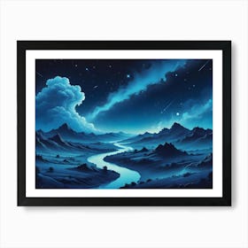 A Tranquil Night Scene With A River Winding Through A Mountainous Landscape Under A Starry, Blue Sky Art Print