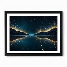 A Serene Night Scene With Dark, Snow Capped Mountains Reflected In A Still Lake, Illuminated By Golden Bursts Of Light And Shooting Stars Against A Starry Sky Art Print