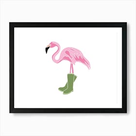 Flamingo In Wellington Wellie Boots, Fun Safari Animal Print, Landscape Art Print