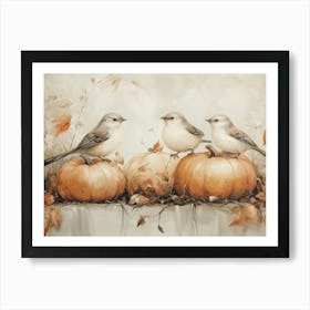 Three Birds On Pumpkins Art Print