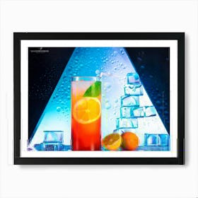 Bold Geometric Layers Cascading Over A Glass Of Vibrant Soft Drinks Neon Colored Hexagons And Trian Art Print