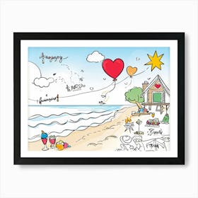 An Illustrated Idea Of A Birthday Party On The Beach Cartoon Valentine Balloons Hand Drawn Vector (5) Art Print