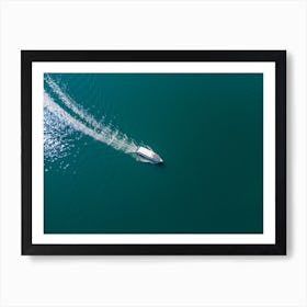 Drone view of the boat in the lake. Lake Orta. Italy. Art Print