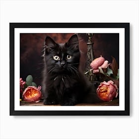 Black Cat With Flowers 1 Art Print