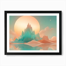 A Whimsical And Colorful Illustration Of A Mountain Range With A Large, Glowing Sun And A Still Lake, Creating A Sense Of Peace And Tranquility Art Print