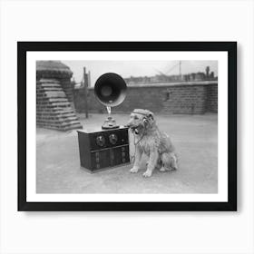 Dog Listening To Music, Dog With Radio, Vintage Black and White Old Photo Art Print