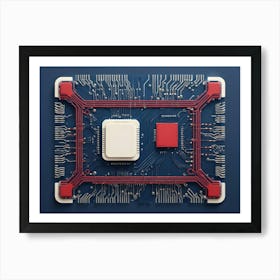 Blue Circuit Board With A Blank White Square In The Center And Red Accents, On A Dark Blue Background Art Print