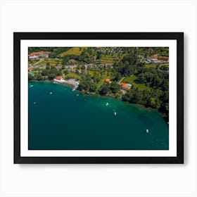 Shoreline on the lake drone photography.  Lake Orta. Italy. Art Print