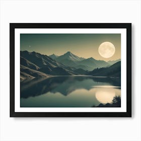 Serene Lake Reflecting Majestic Mountains Under A Full Moon In A Tranquil Night Scene Art Print