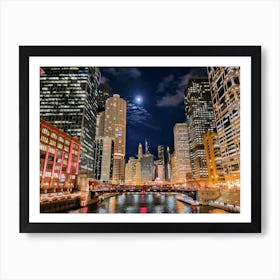 Moon Over The Chicago River Art Print