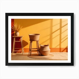 Two Wicker Baskets And A Stool Stand Against A Yellow Wall Art Print