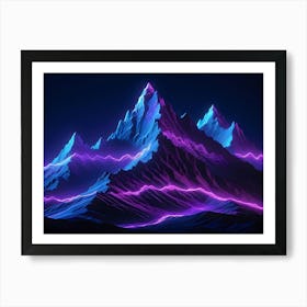 A Futuristic Mountain Range Rendered In A Blue And Purple Color Scheme, With Glowing, Neon Lines Tracing The Landscape Art Print