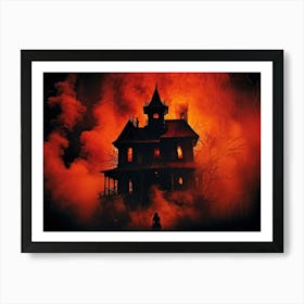 A Haunted House With Fiery And Skittish Autumn Colors Forms The Centerpiece Of A Mysterious Hallowee Art Print