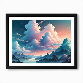 A Serene Landscape At Sunset Features Towering Mountains, Fluffy Clouds, A Peaceful Lake, And A Traditional Japanese Pagoda Art Print