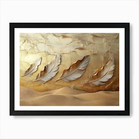 Rustic 3d Textured Art Almond Brown Background Faded Brass Feathers Abstract Sandy Dunes Warm Ambiance Art Print