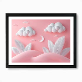 Dreamy 3d Art with Soft Pastel Pink Background Silver Feathers Serene Clouds and Unique Hills Art Print