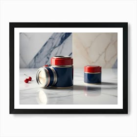 3d Illustration Of Three Blue And Red Containers With Gold Accents On A White Marble Surface Art Print