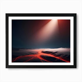 A Stylized, Minimalist Landscape With A River Of Red Lava Flowing Through A White Desert Art Print