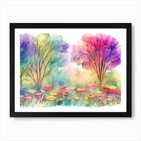 Watercolor Of Trees And Flowers Art Print