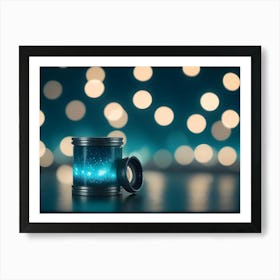 A Metal Cylinder Containing A Glowing, Blue Nebula Inside, With A Lens Cap Beside It And A Blurred Background Of Bokeh Lights, Representing A Futuristic Concept Or A Metaphor For Capturing Inspiration Art Print