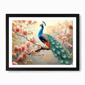 3d Peacock In Bloom On Branch With Colorful Flowers Art Print