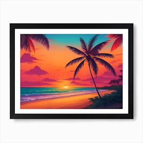 A Tranquil Beach At Sunset Horizontal Illustration 68 Art Print