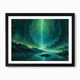 A Digital Illustration Of A Mystical, Green Forest With A Glowing River, Tall Trees, And A Lightning Strike In The Center Art Print