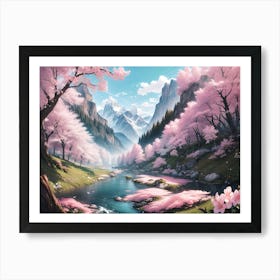 Cherry Blossom with Mountain River and Alps view - Oil Painting #2 Art Print