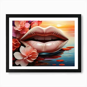 Lips Sunset And Flowers Art Print