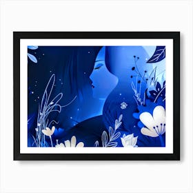 Blue Flowers And A Woman Art Print