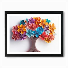 Colorful 3d Origami Paper Tree With Vibrant Flowers On A White Background Poster