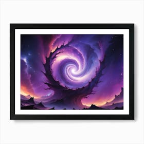 A Swirling Vortex Of Purple And Pink Clouds Forms Within The Branches Of A Large Tree On An Alien Planet Art Print