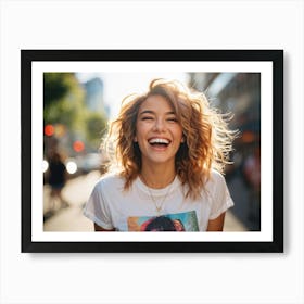 Confident Young Woman Mid Laugh Stylish T Shirt Emblazoned With A Trendy Graphic Positioned Cente (3) Poster