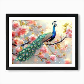 Peacock On Branch With Colorful Flowers 3d 1 Art Print