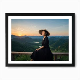 Evening View Of An Asian Woman Perched Solo On A Wooden Terrace Decked In A Summer Hat Her Black At (5) Art Print