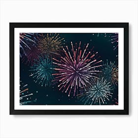 A Collection Of Colorful Fireworks Exploding Against A Dark Blue Sky, Creating A Beautiful And Festive Display Of Light Art Print