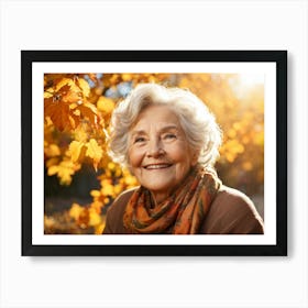 Elderly Woman Radiating Joy Amidst Crisp Autumn Leaves Close Up Orange Yellow Foliage Surrounding (1) Art Print